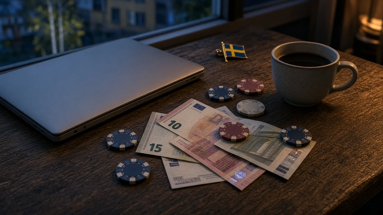 Euro sedlar och casinofigurer på ett skrivbord med stängd laptop