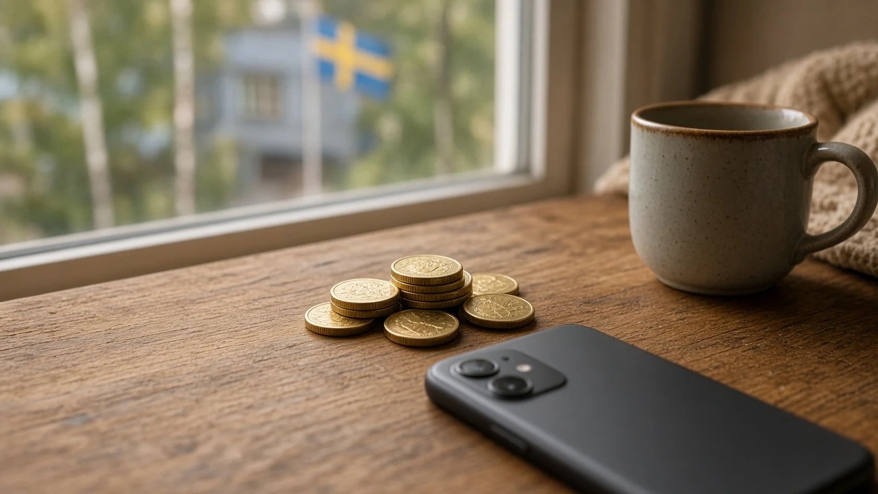 Svenska tio-kronorsmynt vid en smartphone med ansiktet nedåt på ett träbord