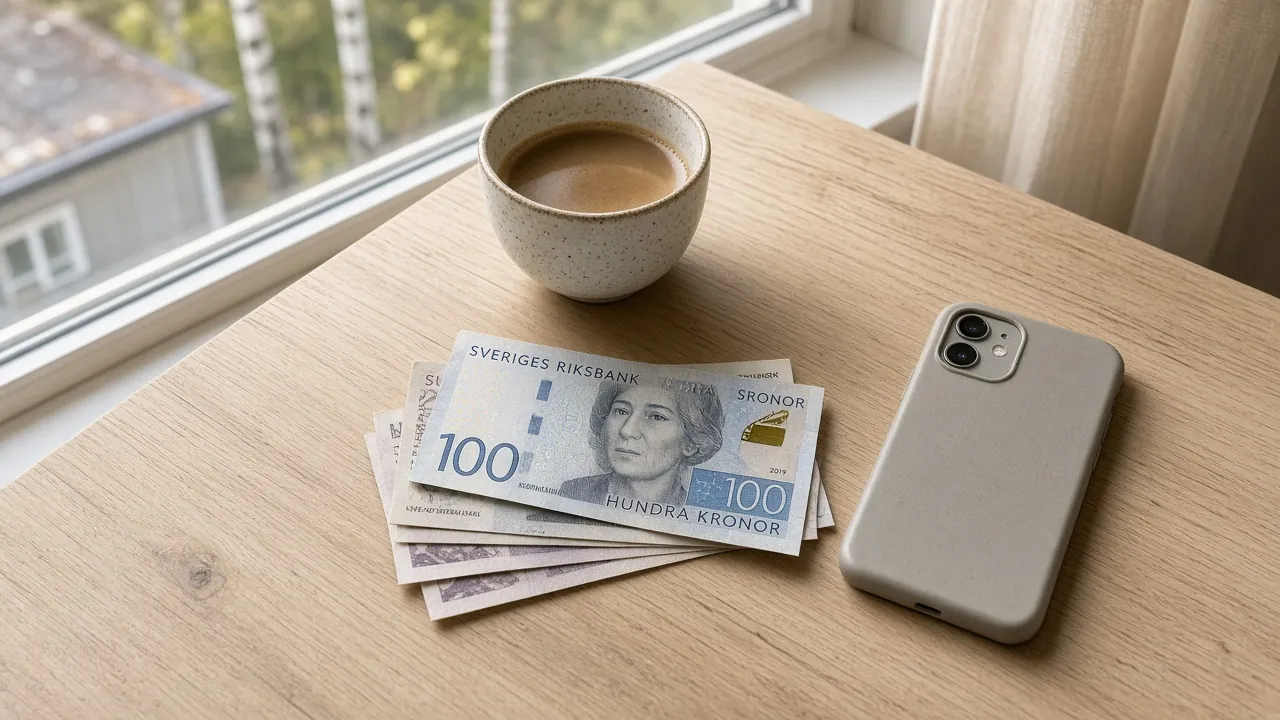 Svenska hundrakronorssedlar bredvid en mobiltelefon på ett nordiskt bord