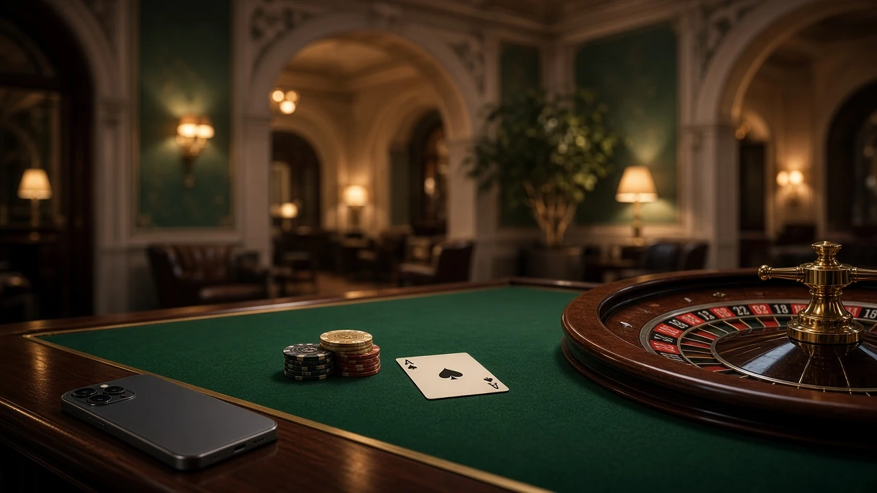 Stämningsfull casinomiljö i Stockholm med roulettbord, marker och dold mobiltelefon
