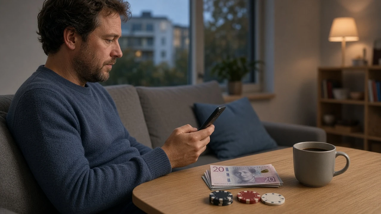 Person med svenska kronor och casinotokens i vardagsrum