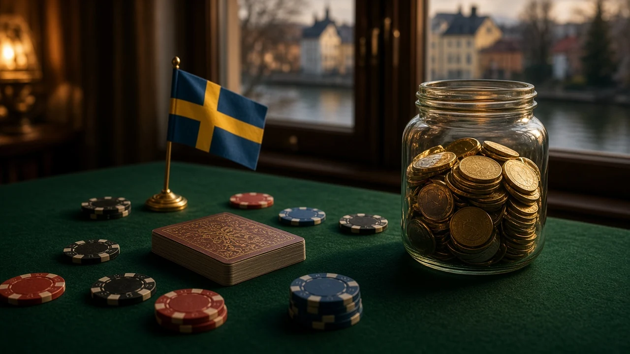 Kasinochips, en kortlek och euro-mynt på ett grönt bord