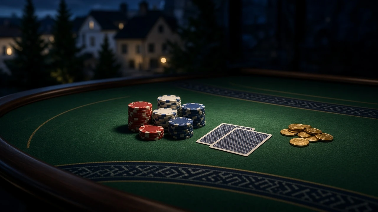 Casinobord med färgglada marker, spelkort och mynt på grön filtduk