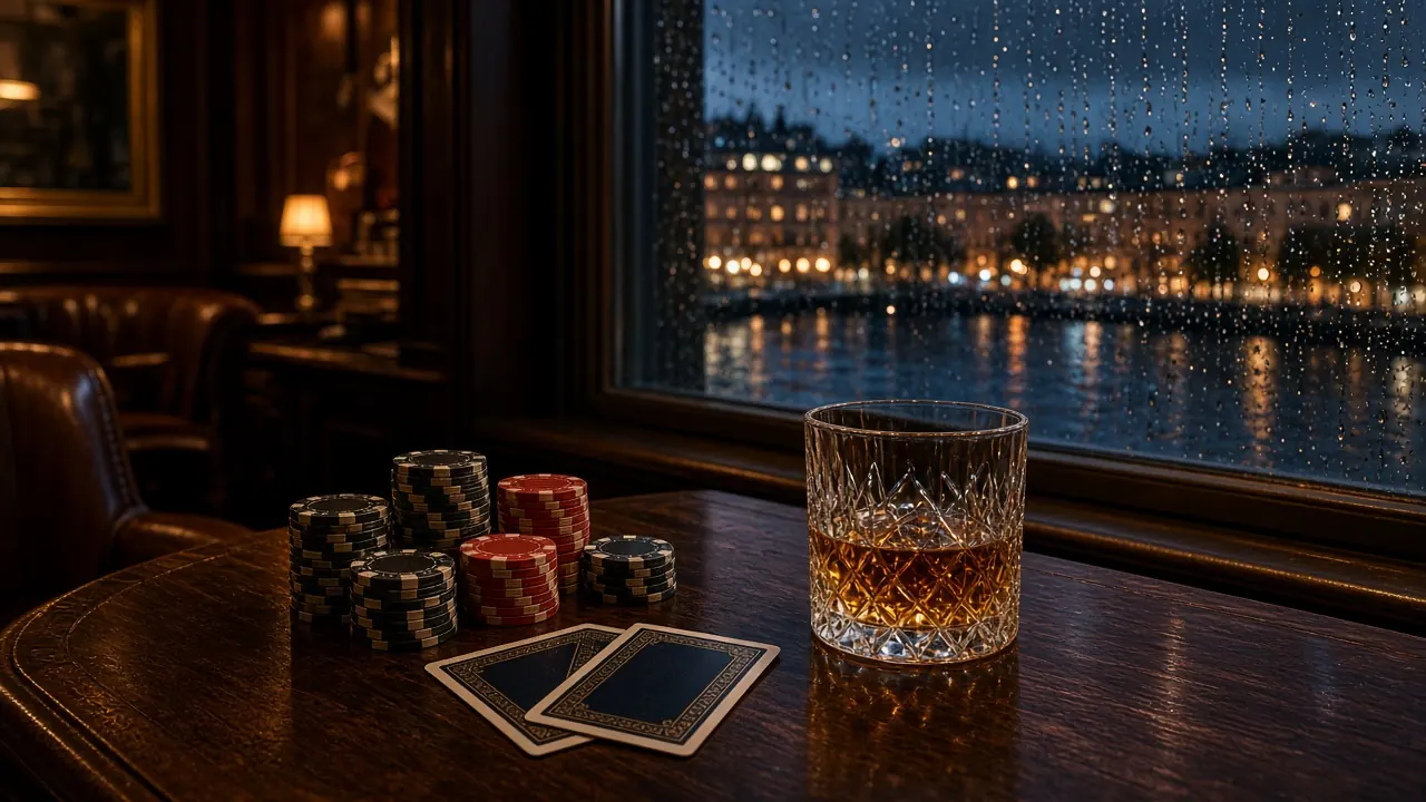 Stilren svensk casinolounge med blackjackbord, marker och utsikt över Stockholm