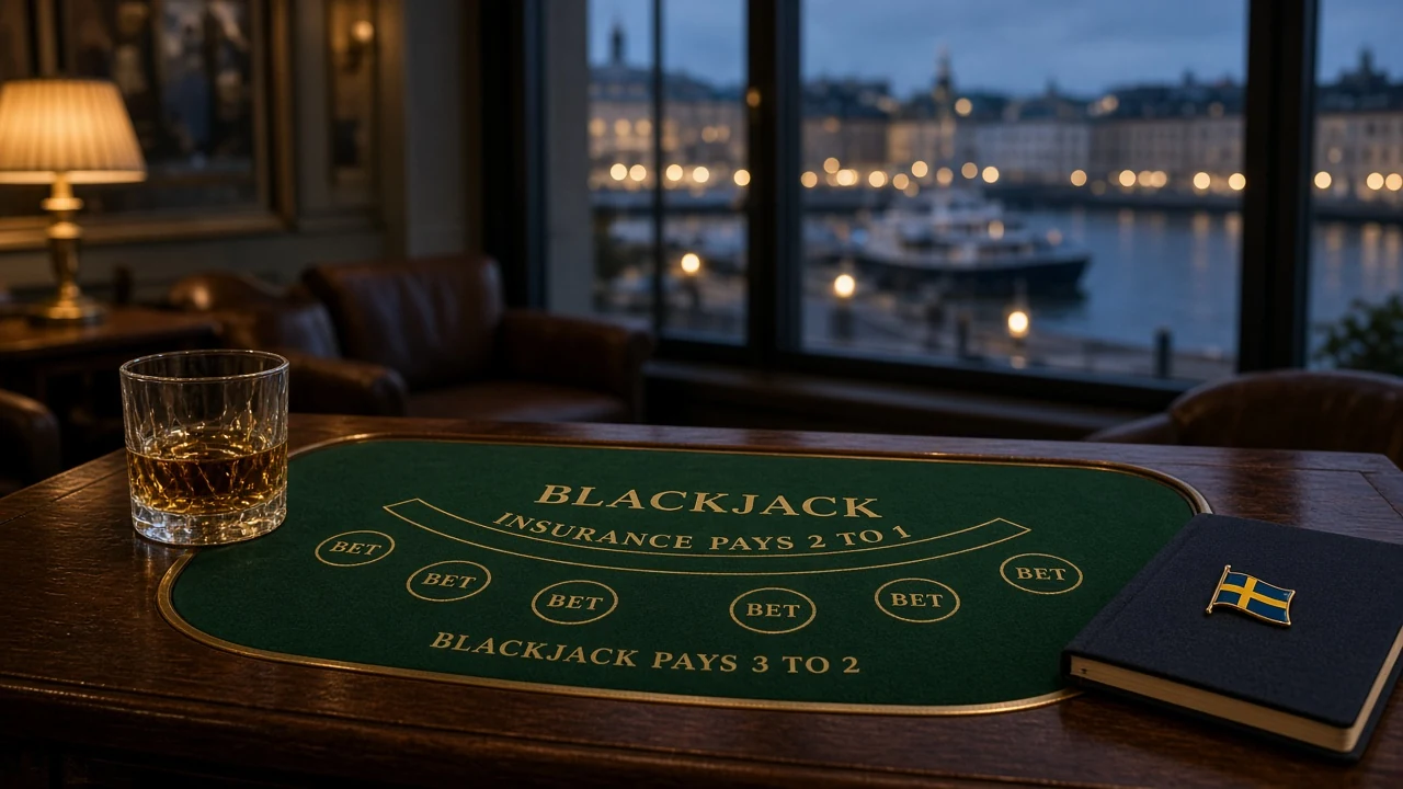 Svenskt casinotema: elegant bord med blackjack och whiskey