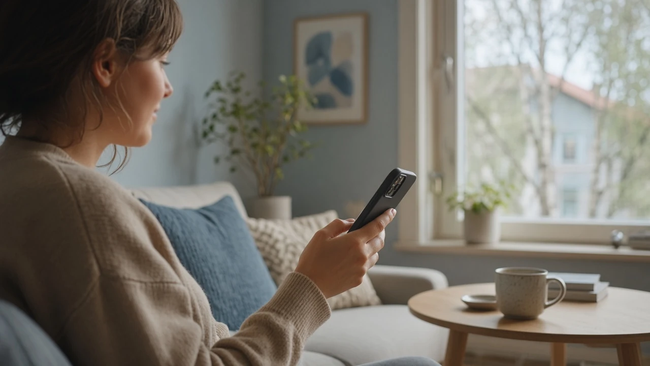 Person som håller en smartphone i en modern svensk lägenhet med minimalistisk inredning
