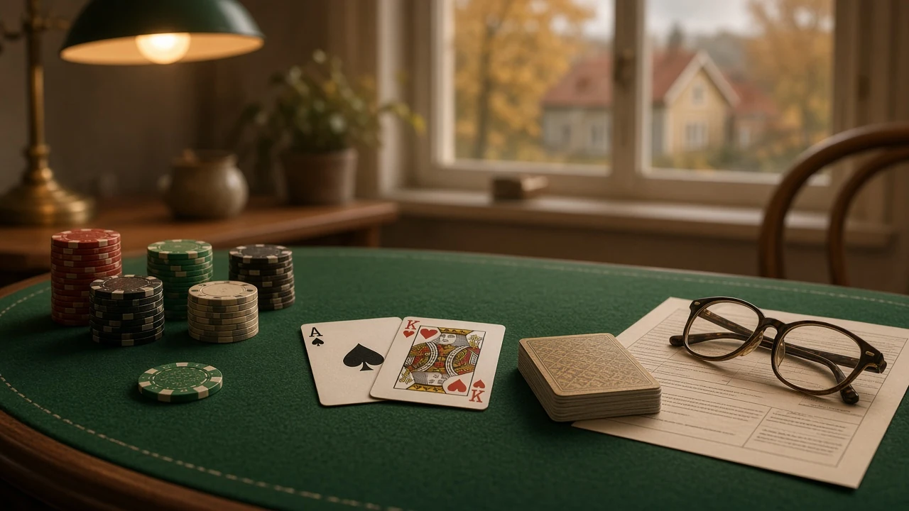 Blackjack-bord med marker, kort och regelblad i varm belysning