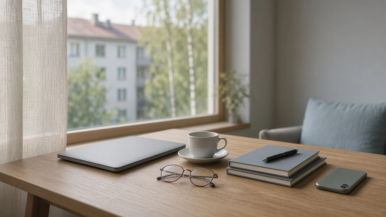 Stille nordiskt skrivbord med stängd laptop och anteckningsbok