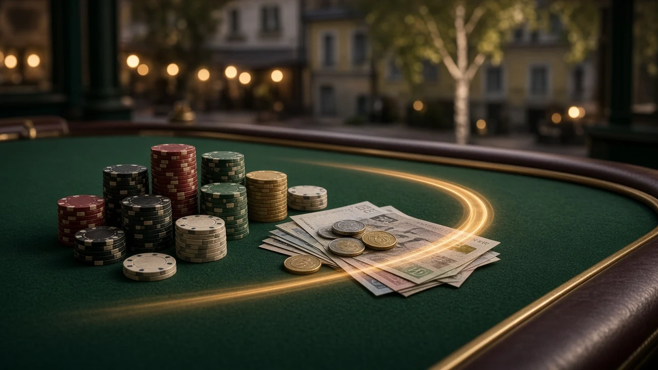 Casinochips och svenska kronor på ett elegant bord som symboliserar cashback