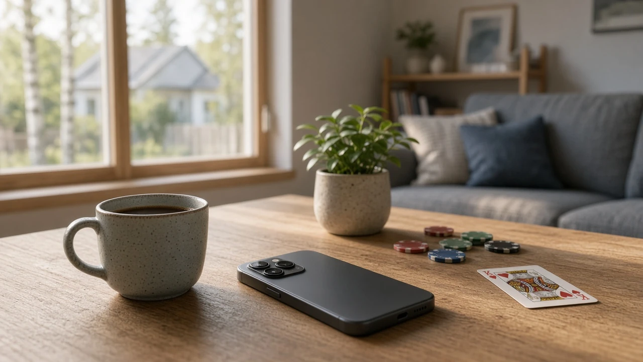 Smarttelefon och casinotillbehör på ett soffbord i en modern svensk lägenhet