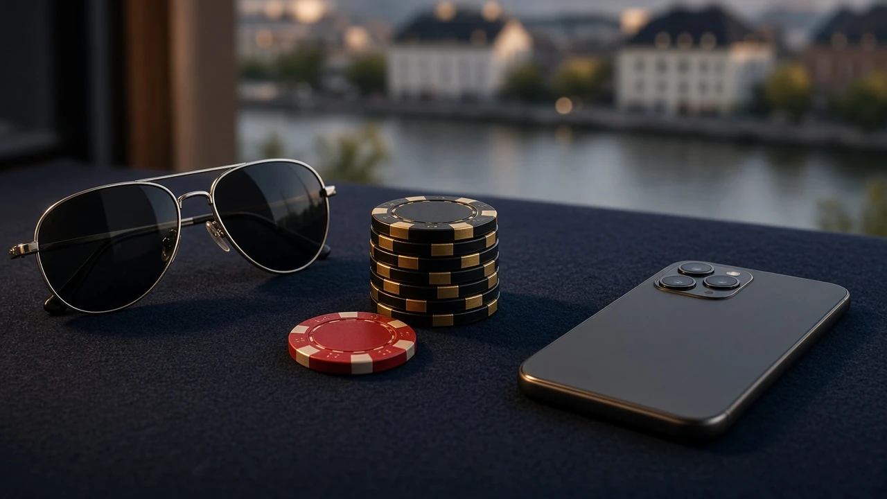 Snyggt casinostilleben med marker, solglasögon och vänd smartphone i mörk miljö