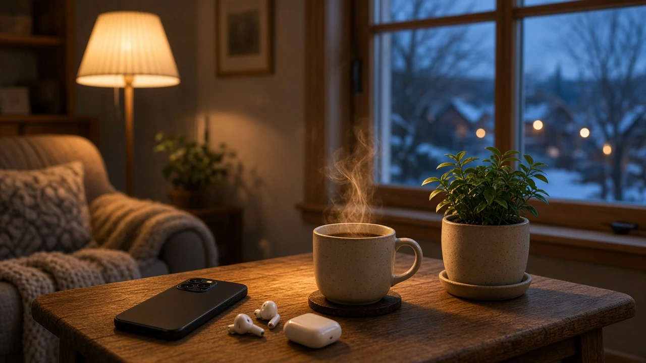 Smartphone liggande med kaffekopp i ett mysigt svenskt vardagsrum