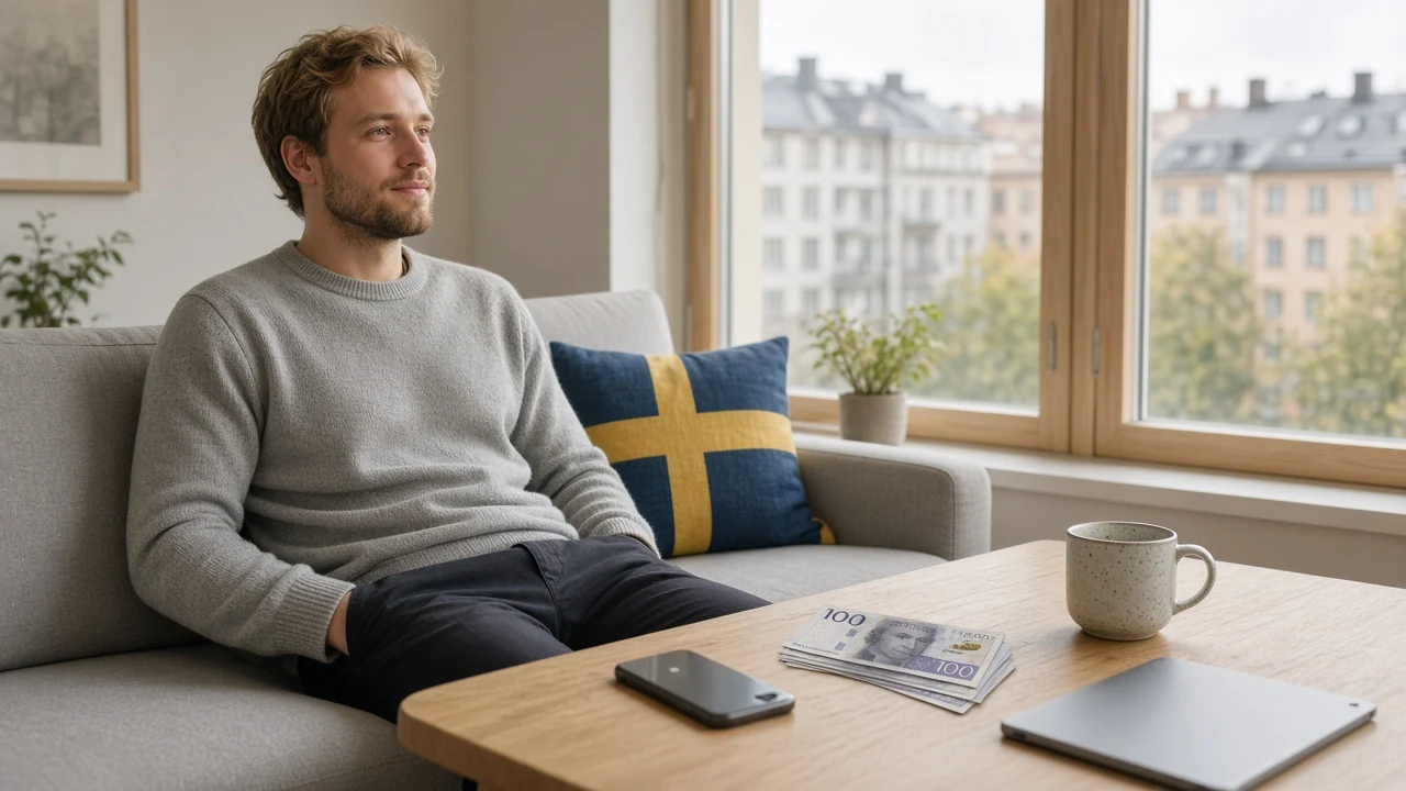 Svensk person i modern lägenhet med telefon och surfplatta, kronorsedlar och kaffe på bordet