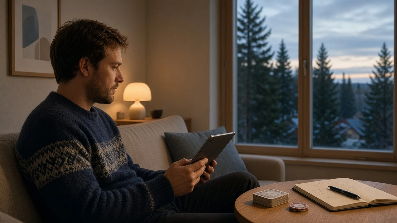 Person som läser en casinoguide på en surfplatta i ett svenskt hem