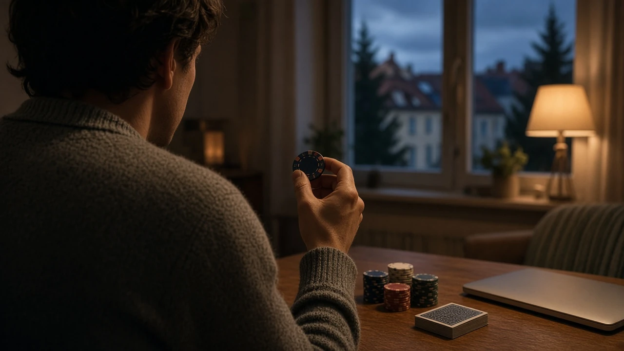 Person med casinofärg vid bord med marker och kort