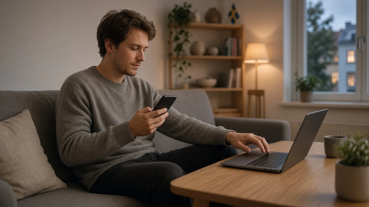 Svensk person med bärbar dator och mobiltelefon i modernt vardagsrum