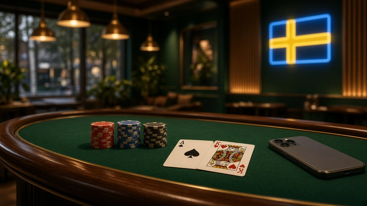 Blackjack-bord med casinofärgar och mobil i ett elegant nordiskt casino