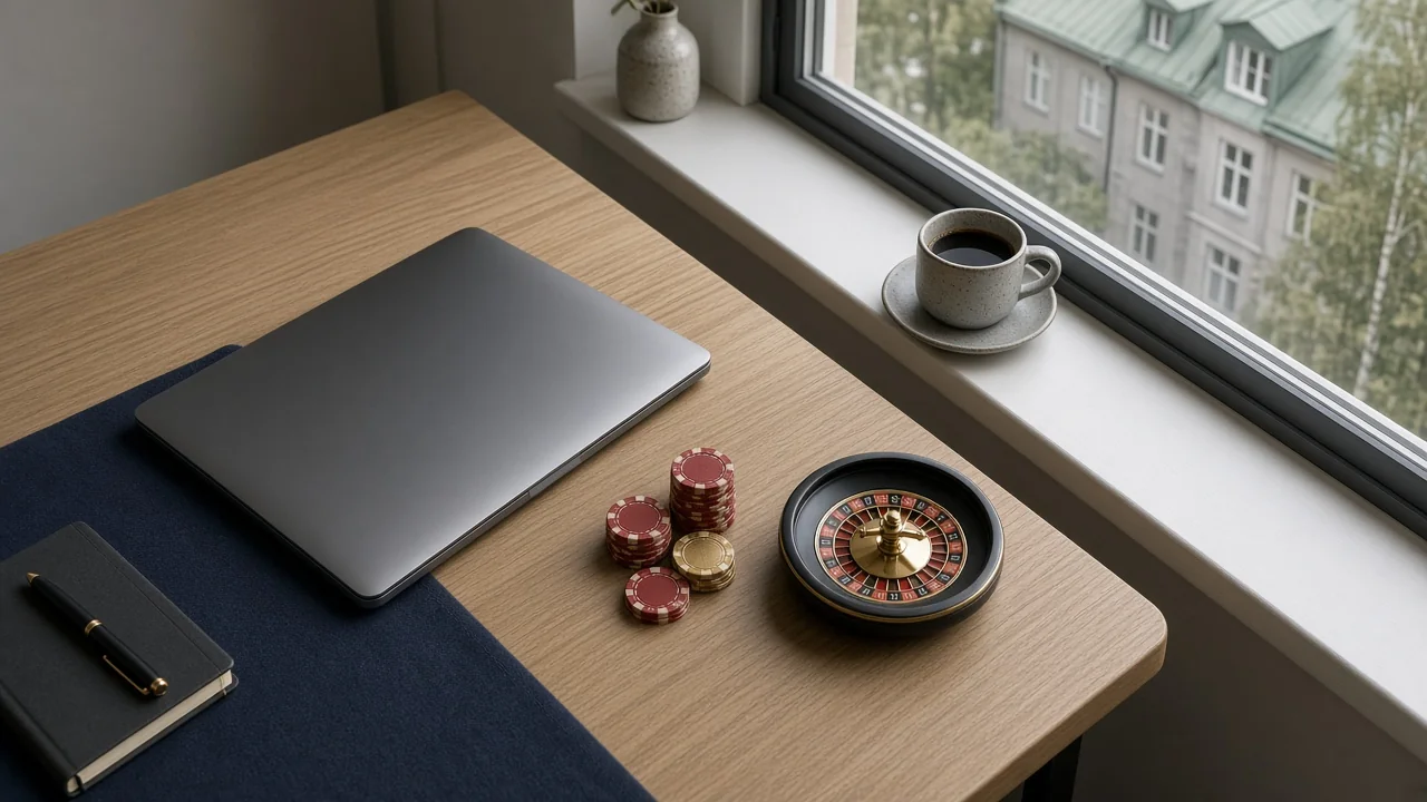 Modern skandinavisk arbetsplats med casinotema och stängd laptop
