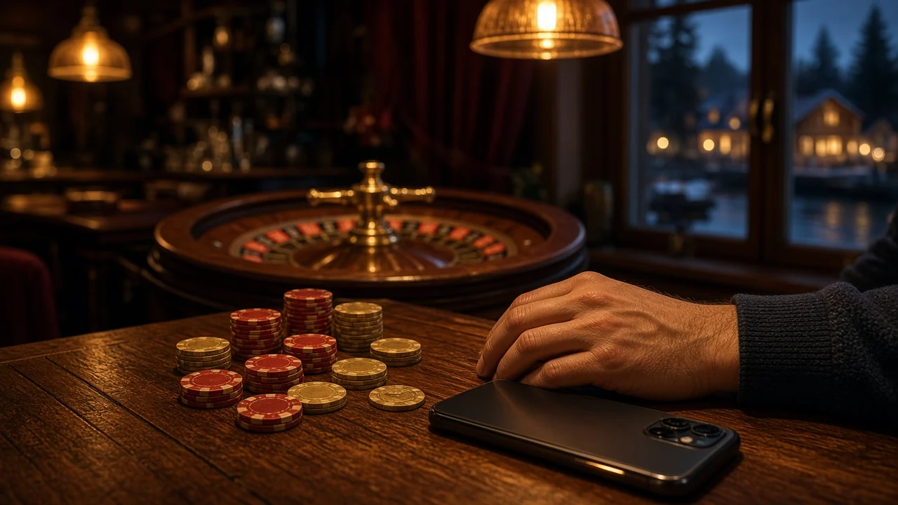 Stämningsfull casinokväll med marker och roulettehjul i varm belysning
