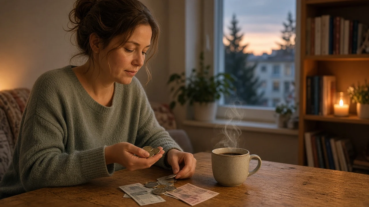 Person som räknar småmysiga kronor vid ett bord