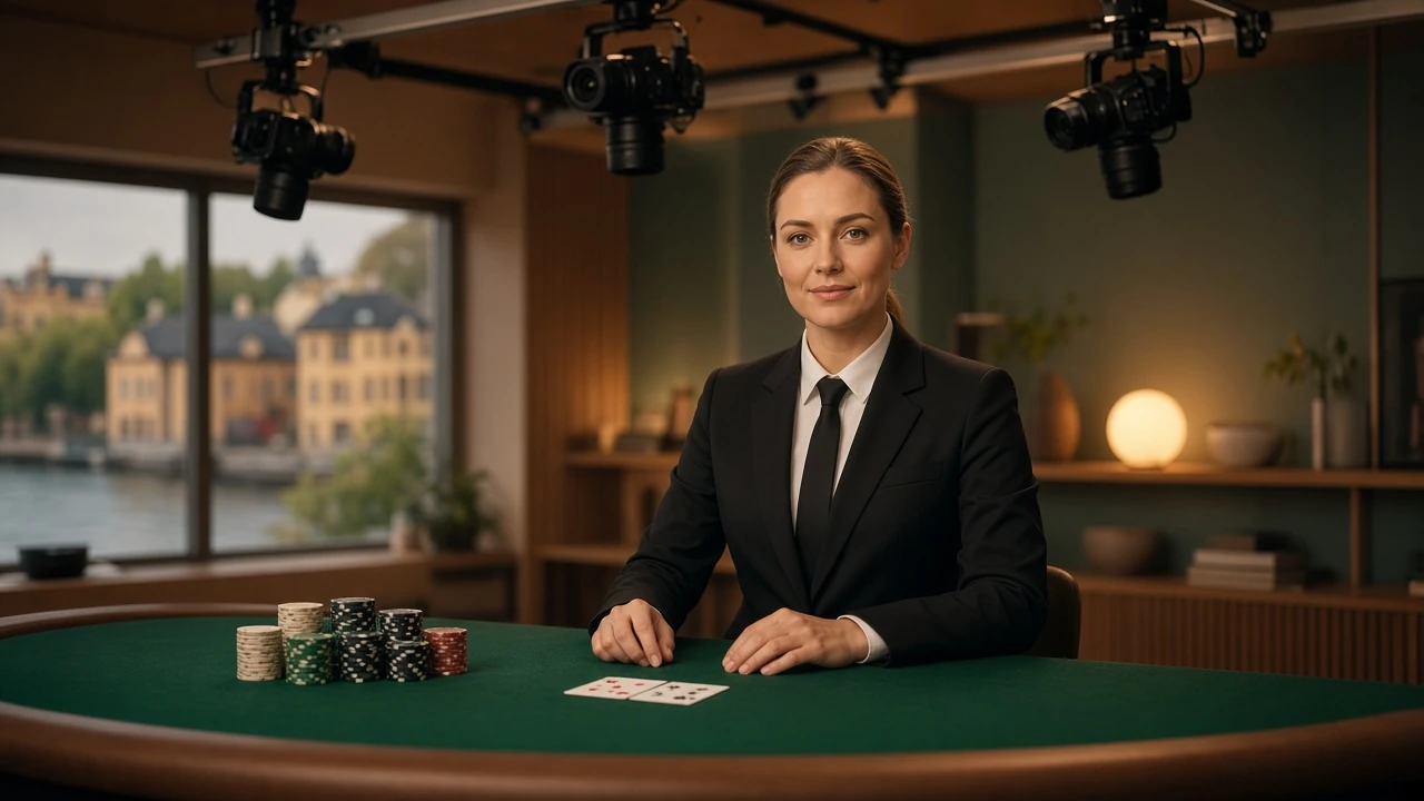 Professionell live dealer-studion med croupier vid spelbordet