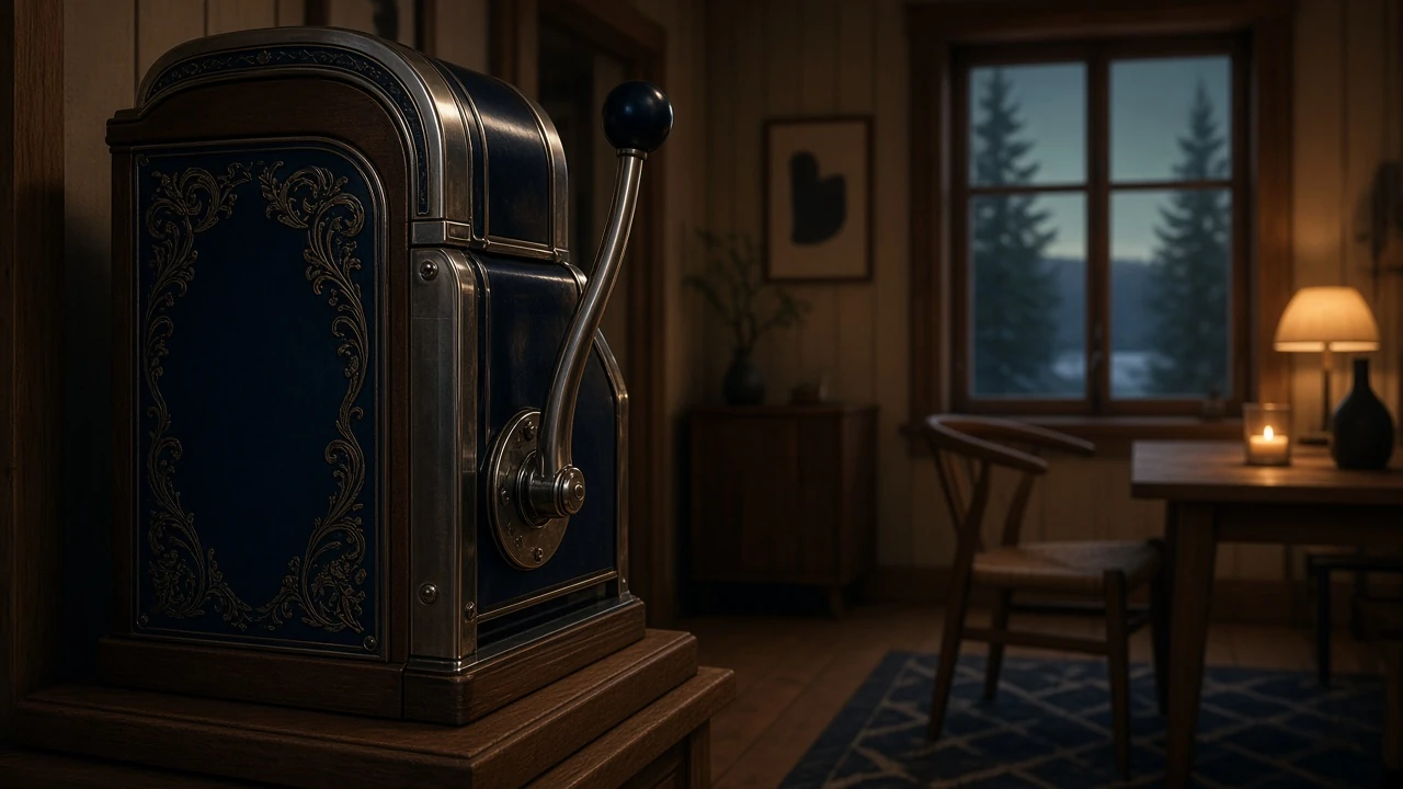 Stiliserad spelautomat i skandinavisk inredning, sedd från sidan