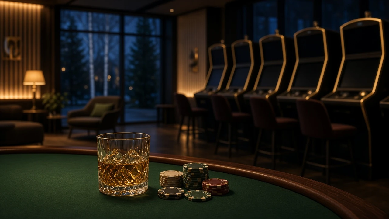 Stilren svensk casinolounge med spelautomater och casinomarker i varm belysning