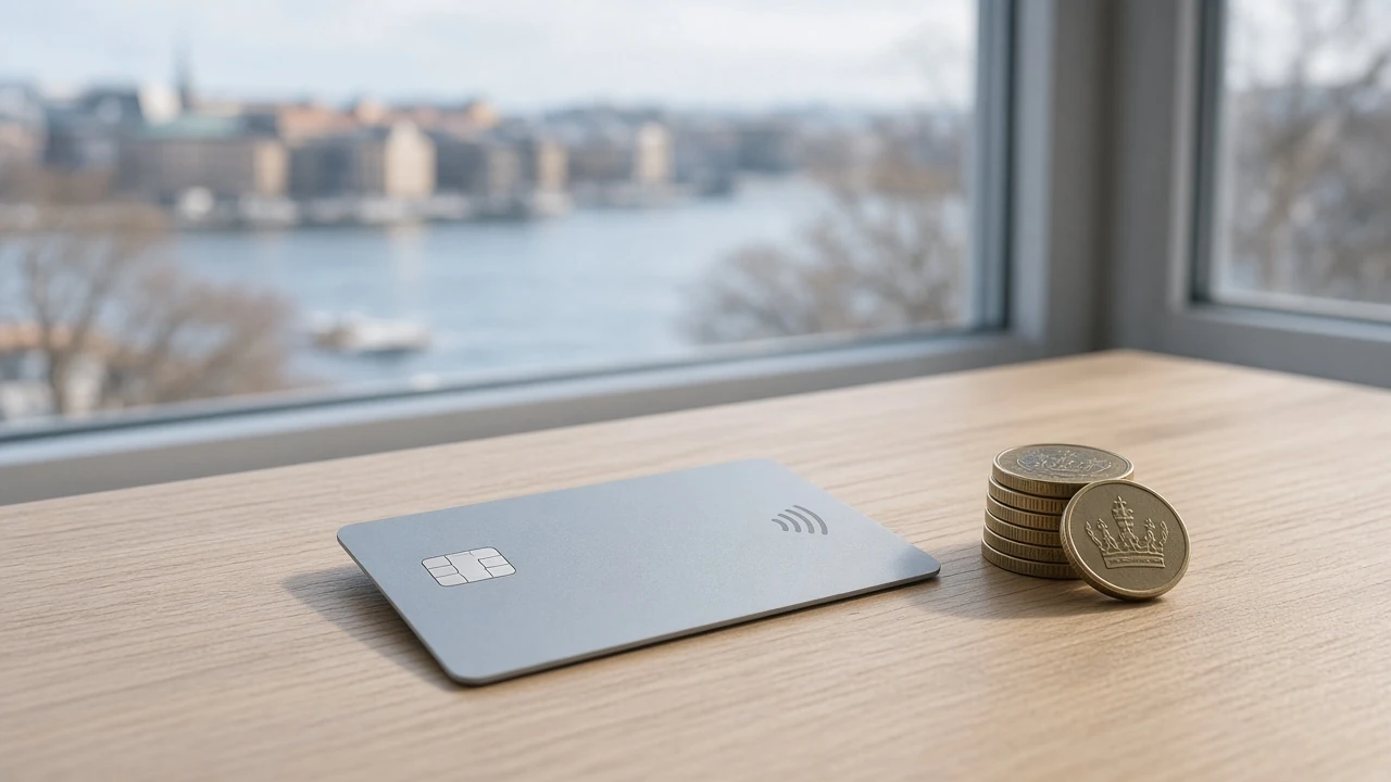 Kontaktlöst betalkort och svenska kronor på minimalistiskt skandinaviskt bord