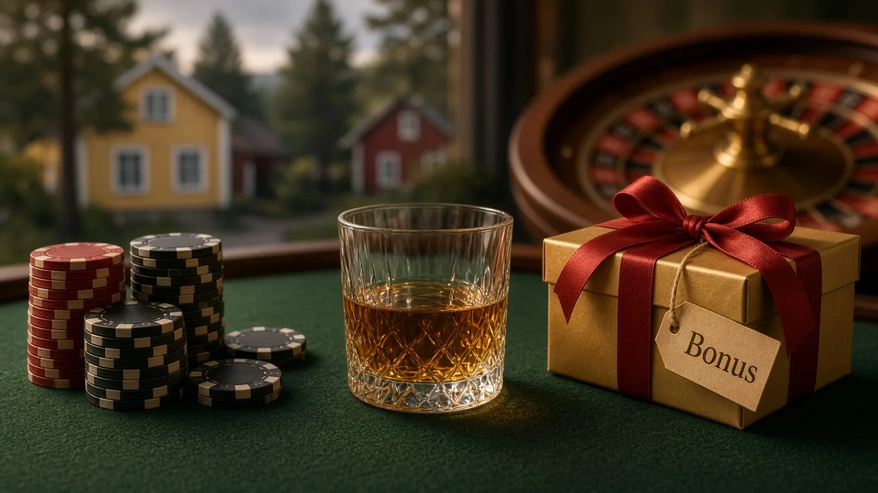 Casinobord med marker, whiskyglas och en guldpresent med bonusetikett