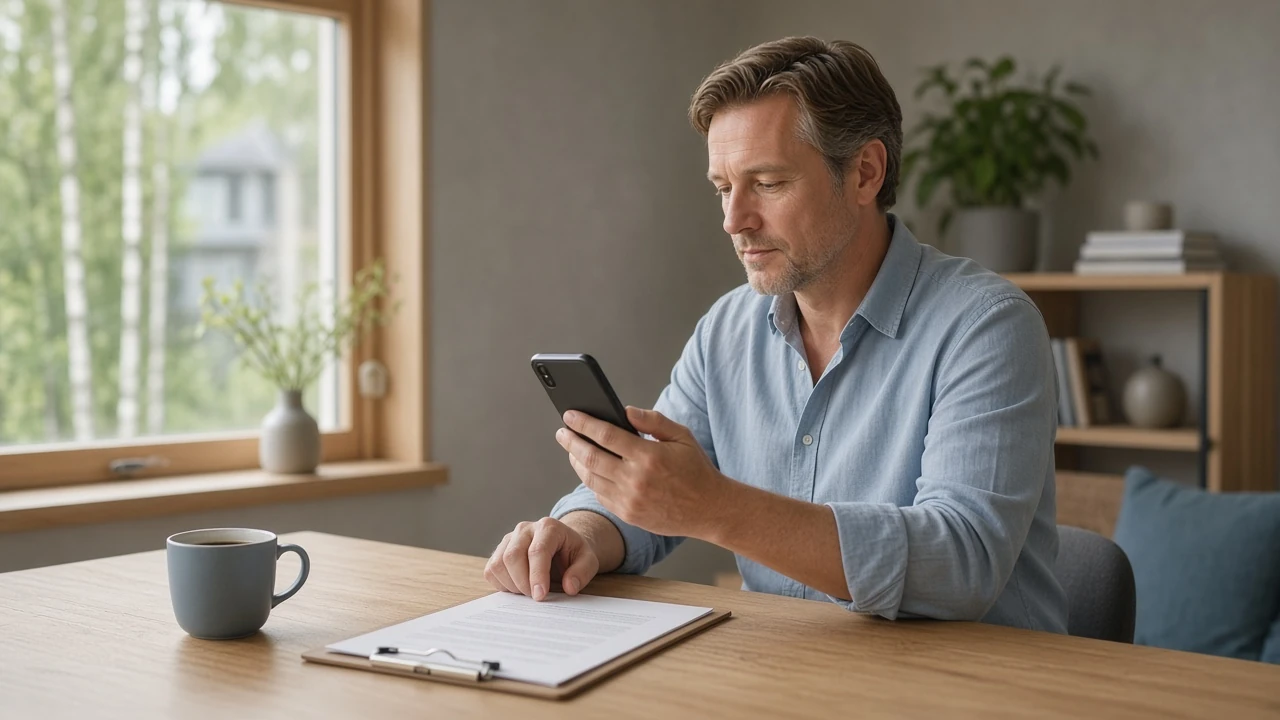 Svensk man vid skrivbord som granskar villkor med telefon och anteckningsblock