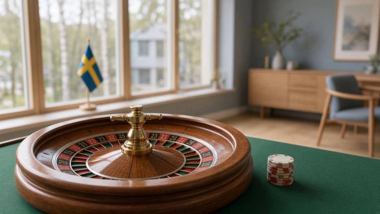 Elegant roulettehjul i skandinavisk inredning med svensk flagga i bakgrunden