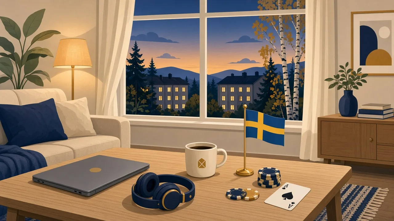 Skandinavisk vardagsrum med stängd bärbar dator, kaffe och casinotillbehör