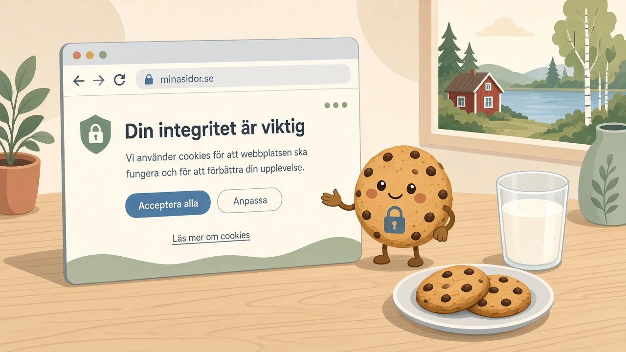 Illustration av en webbläsare och chokladkakor som symboliserar cookies