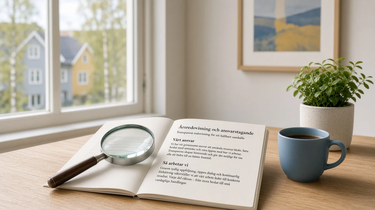 Förstoringsglas och öppet dokument på minimalistiskt nordiskt skrivbord