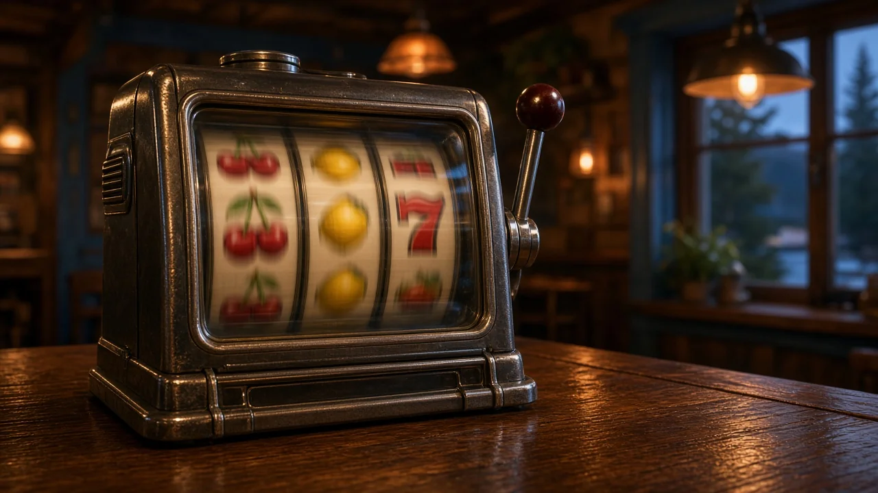 Klassisk spelautomat med snurrande hjul i svensk spelhall