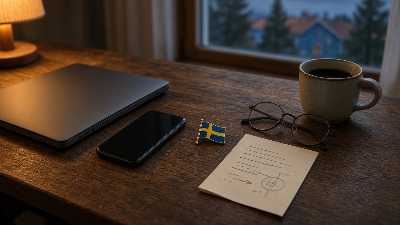 Stilleben med stängd laptop och telefon bredvid en svensk flagga och anteckningar