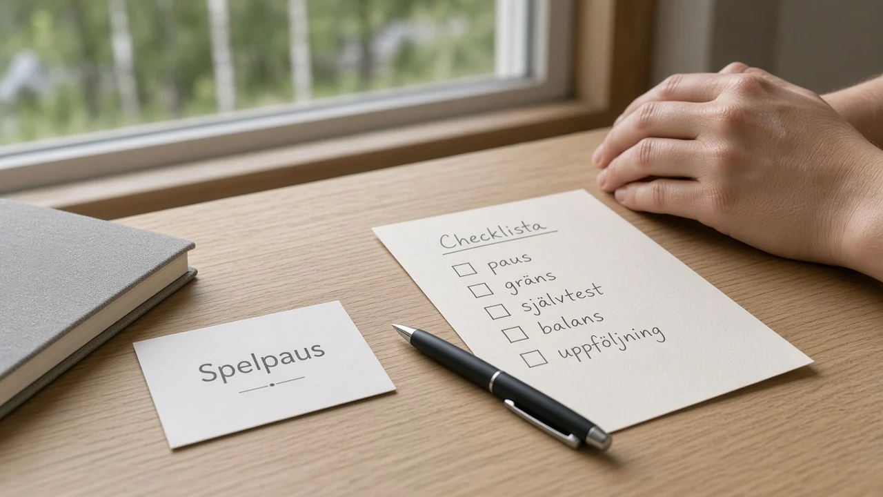 Händer vid ett skrivbord med Spelpaus-kort och checklista för spelkontroll