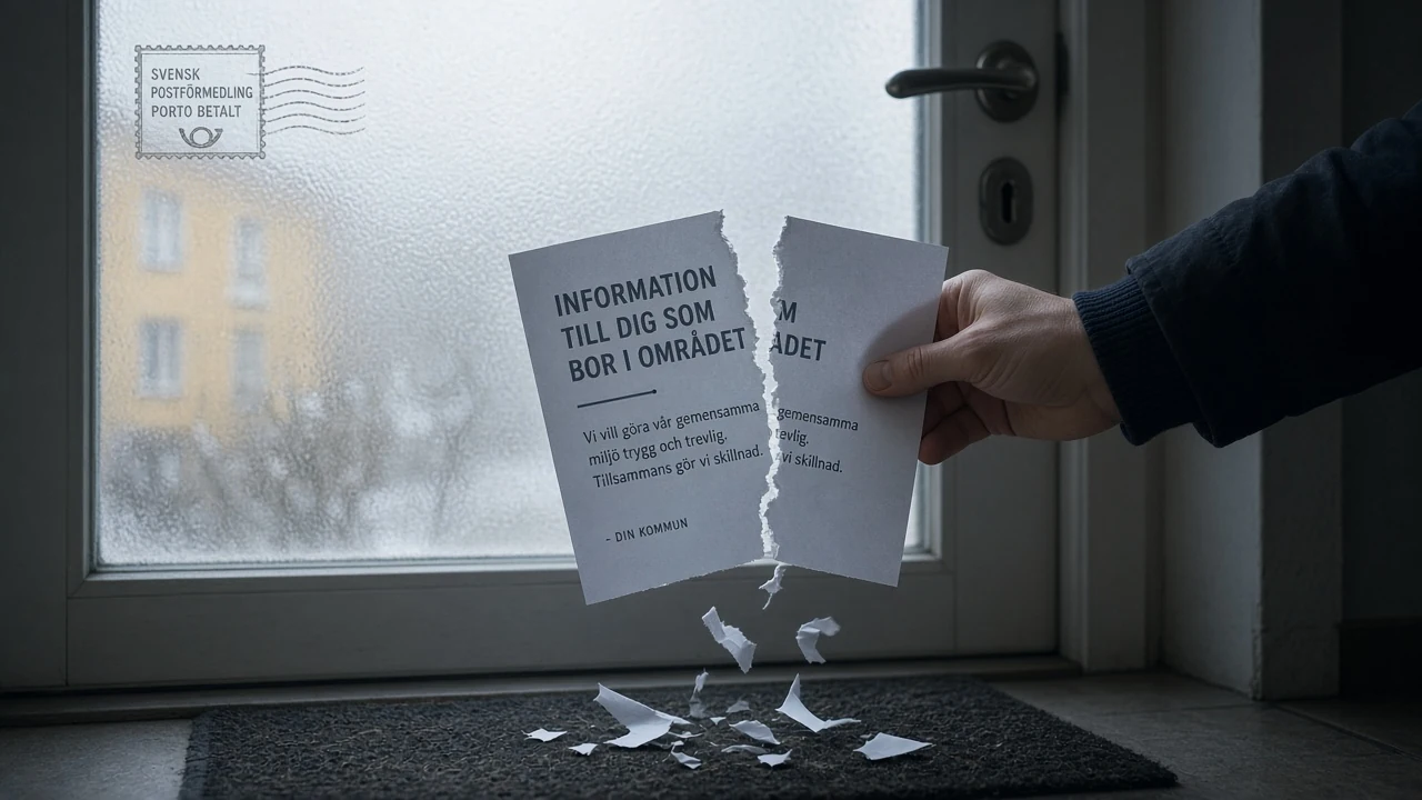 Hand som river en svensk reklamflygad mitt itu vid en ytterdörr