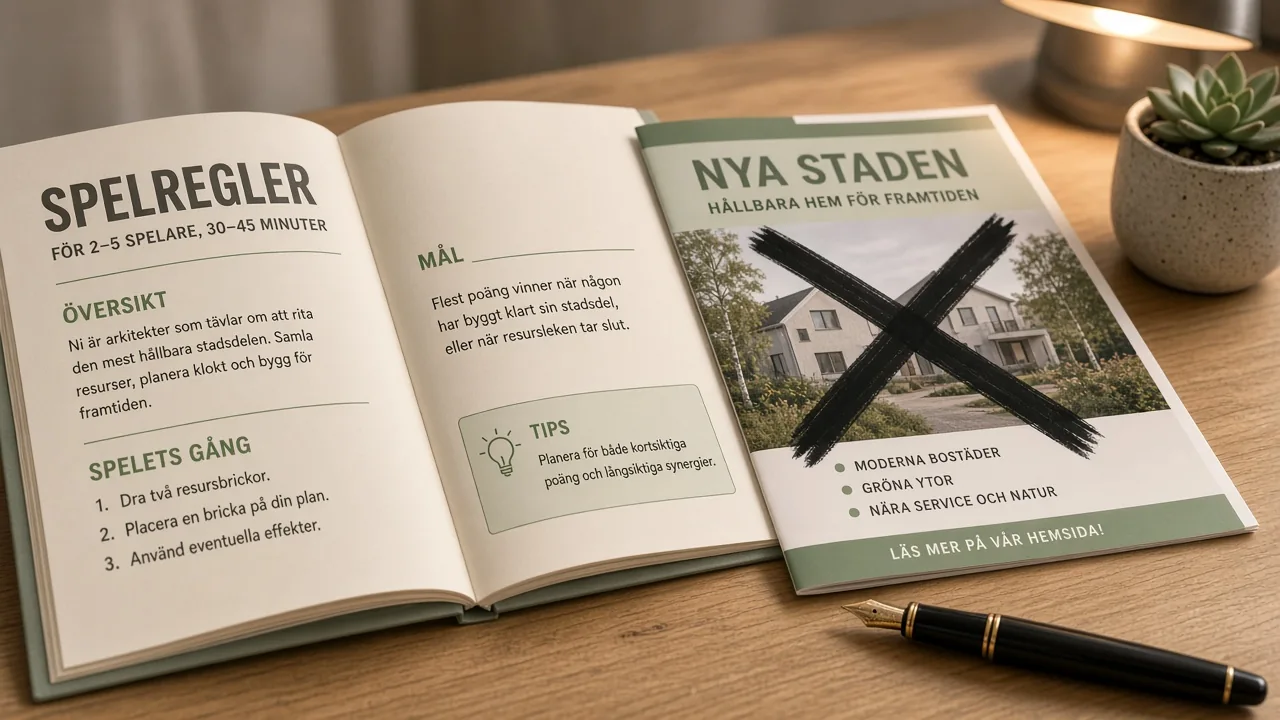 Regelbok och överstruken reklambroschyr på ett skrivbord