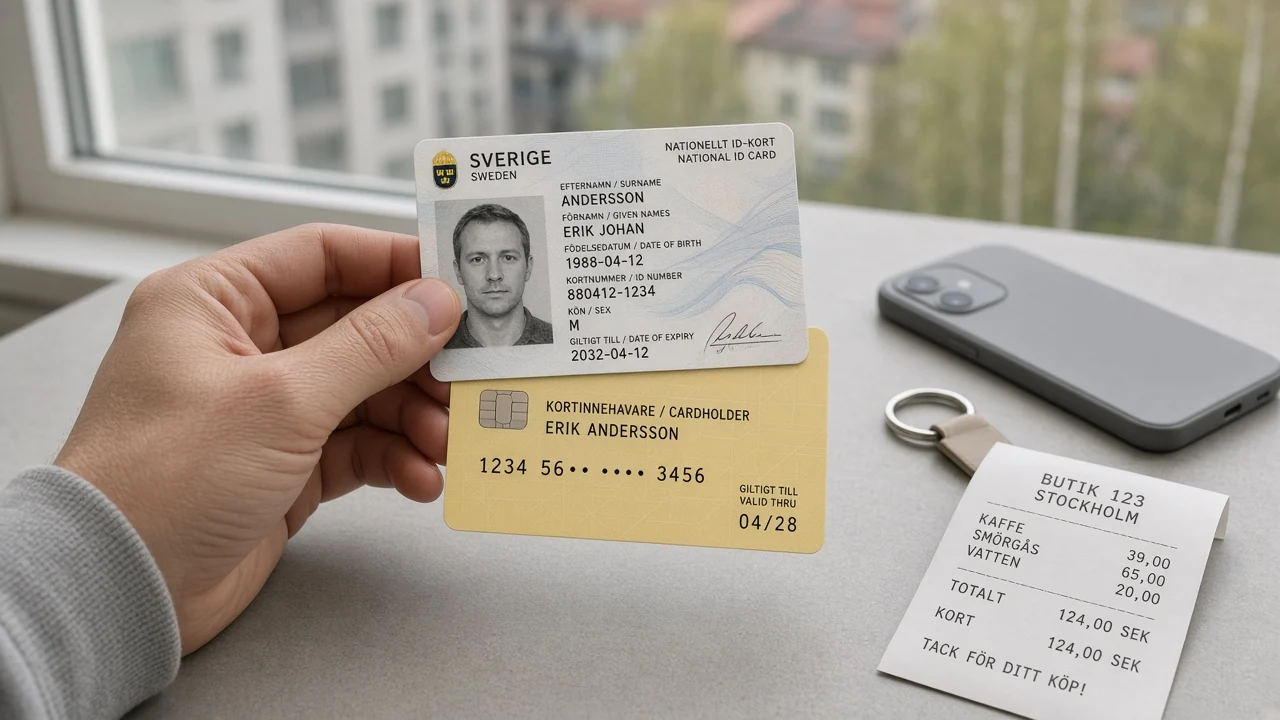 Hand som håller svenskt ID-kort och bankkort vid ett avstängt skrivbord