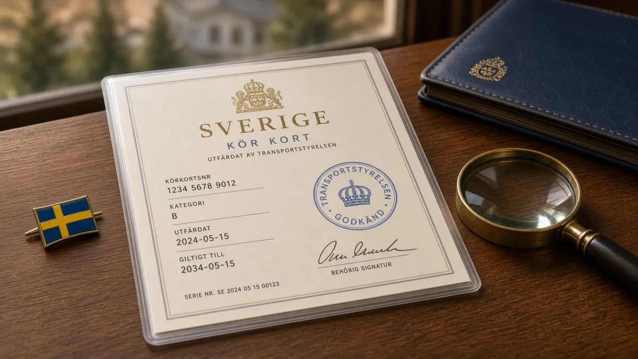Svensk spellicens i en mapp med flagga och förstoringsglas