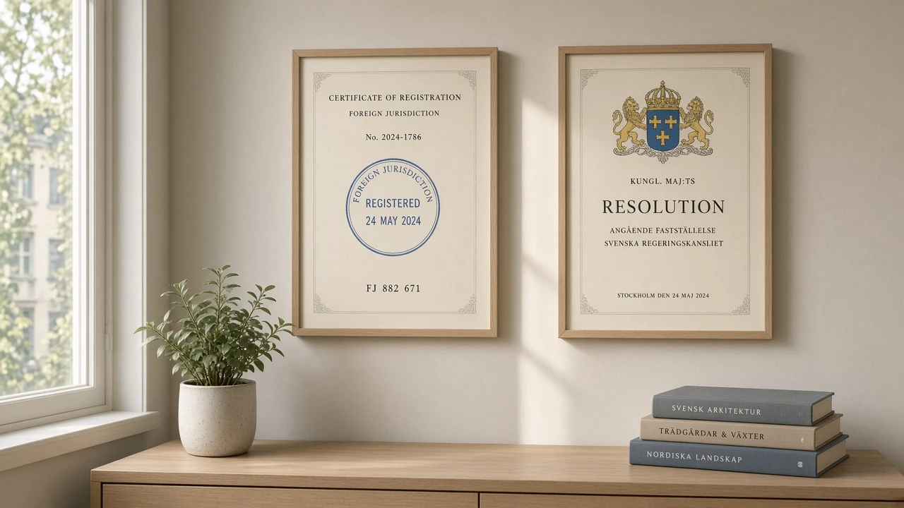 Två inramade licensdokument för utländsk och svensk jurisdiktion på en vägg