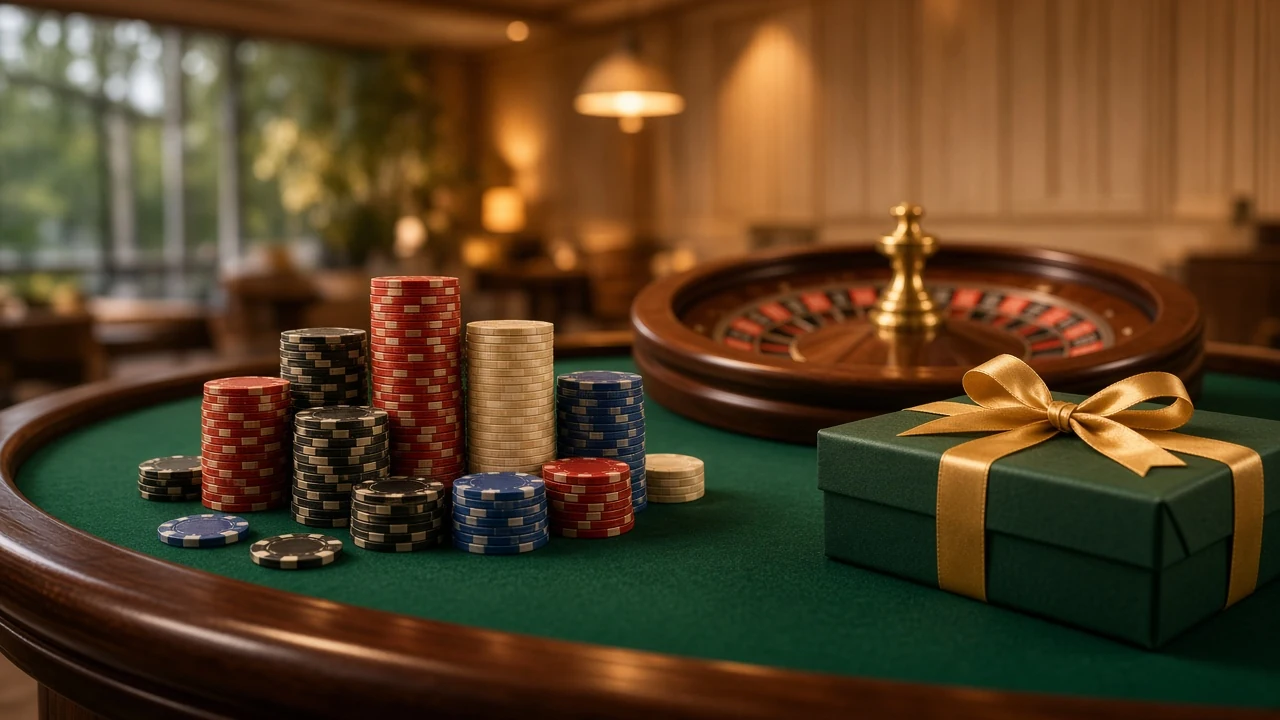 Casinobord med grönt filttyg, högar av färgglada marker, roulettehjul och presentask med guldfärgat band