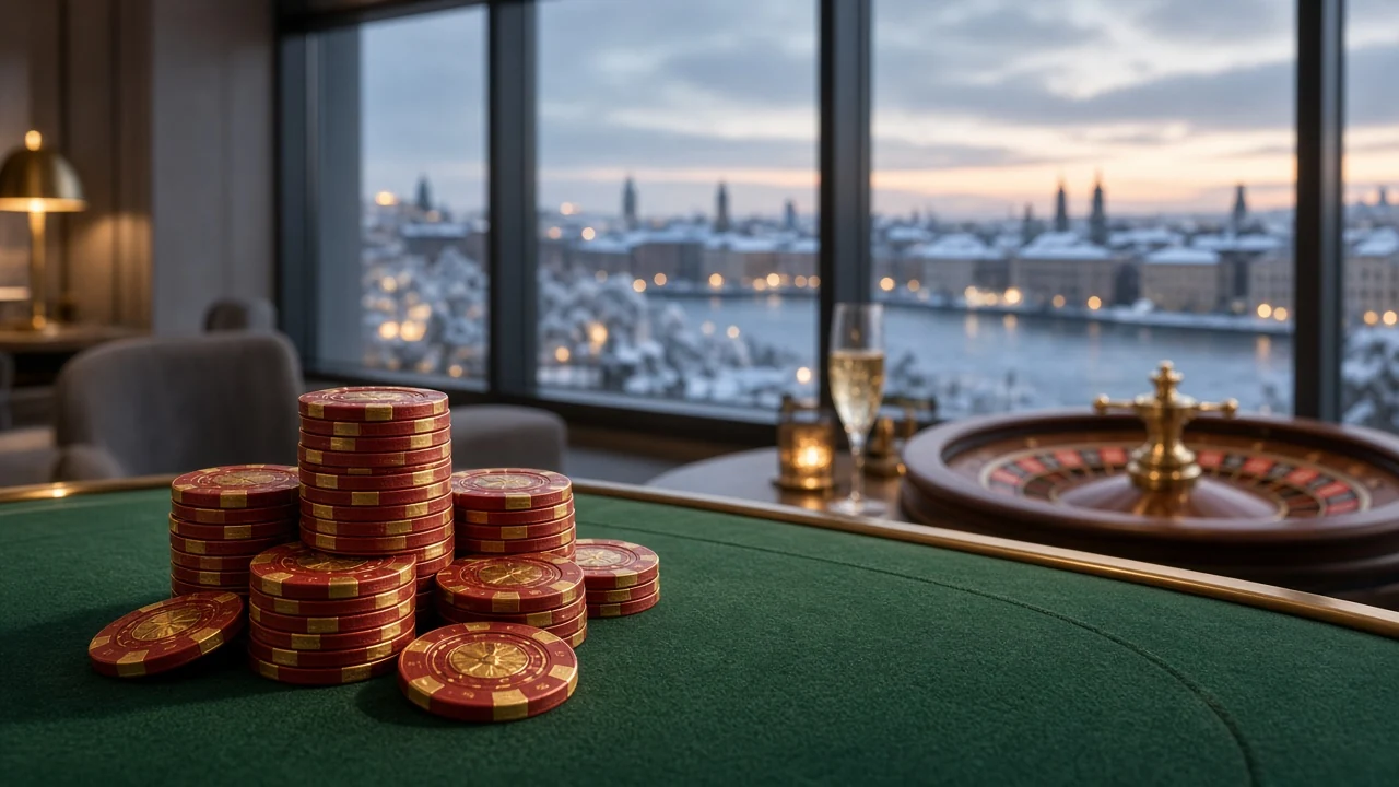 Casinomiljö med marker och roulette i elegant svensk spelhall