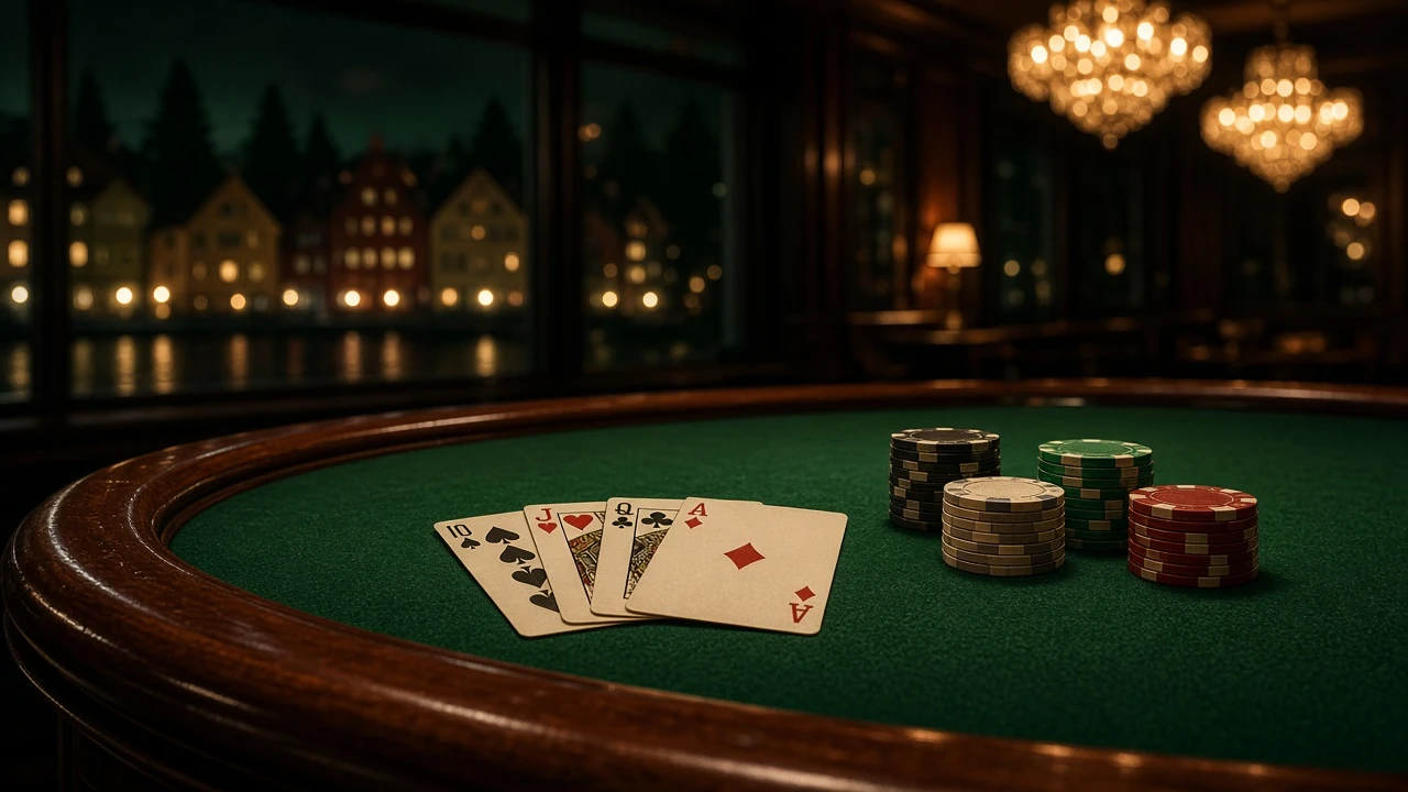 Kort och marker på ett grönt casinobord under varm belysning