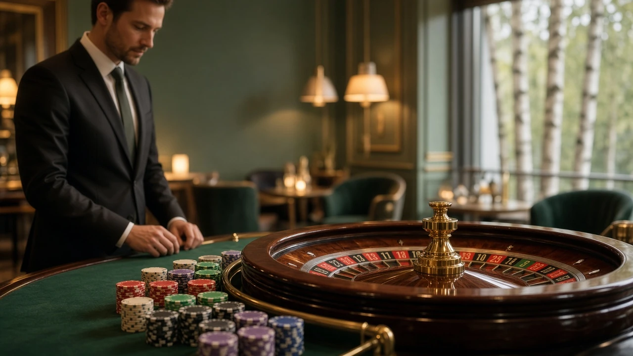 Elegant roulettebord med croupier och snurrande hjul i exklusiv casinomiljö