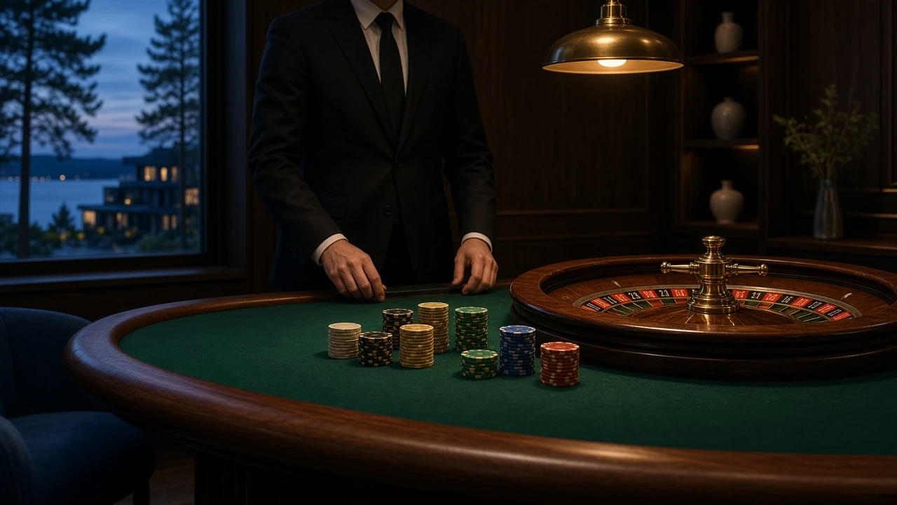 Elegant live casinostudio med dealer, grönt spelbord, marker och roulette under stämningsfull belysning.