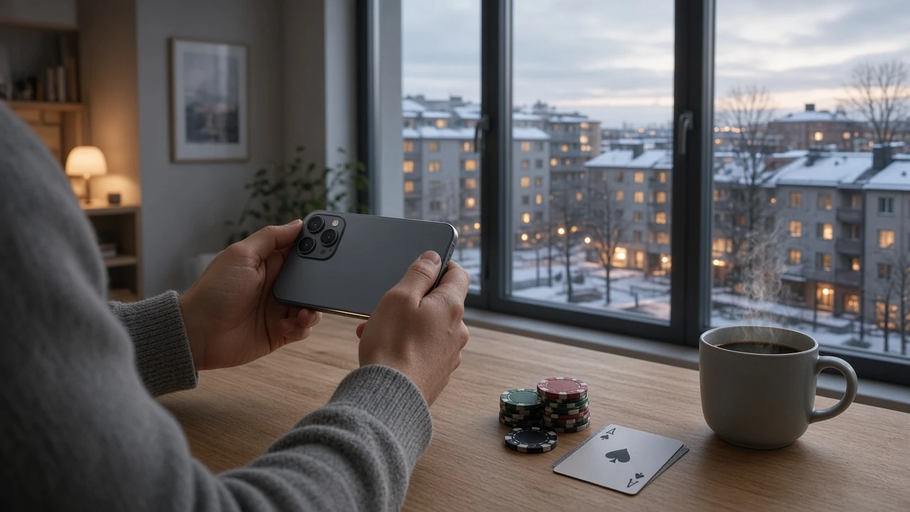 Händer som håller en smartphone vid ett träbord med casinotärningar och en kaffekopp