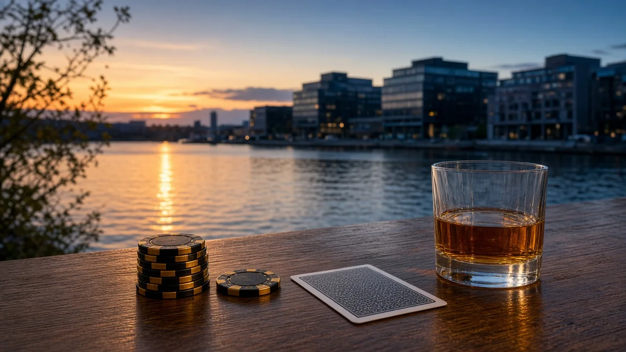 Stockholm vid vattnet med casinotema: marker och whiskeyglas