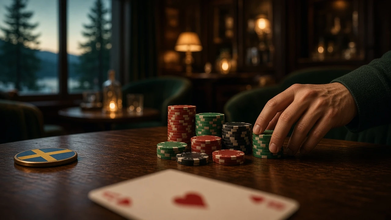 Casinobord med marker och kort i varm belysning, svensk atmosfär